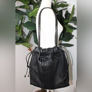 LINEA PELLE XL Black Woven Leather Bucket Bag Drawstring Gunmetal Chain Strap